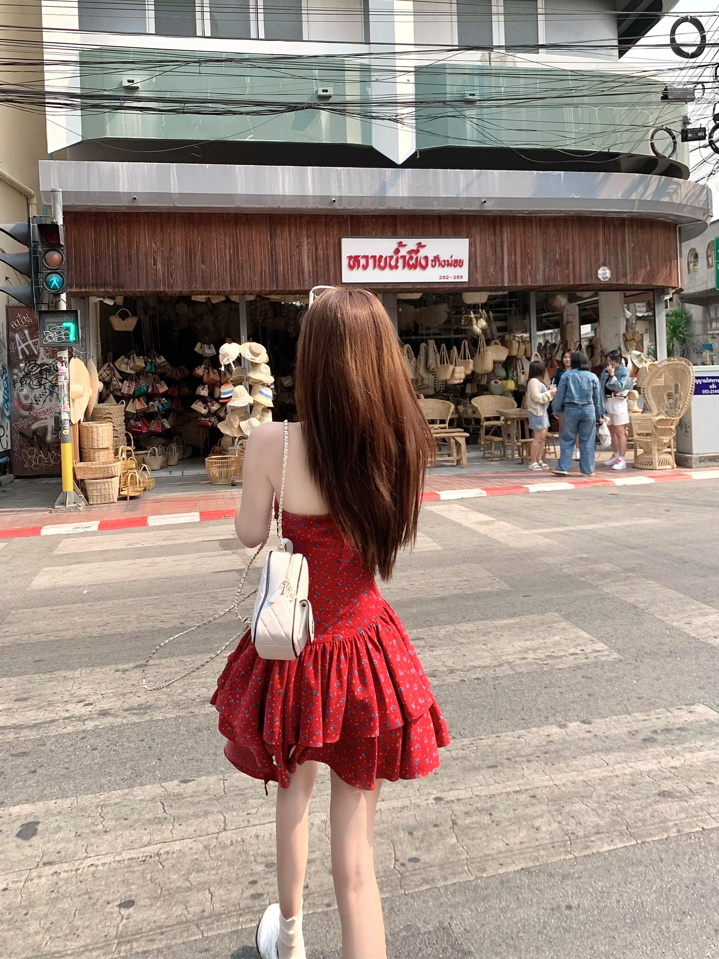 Summer waist slimming temperament red floral holiday halter neck slim dress for women R3914