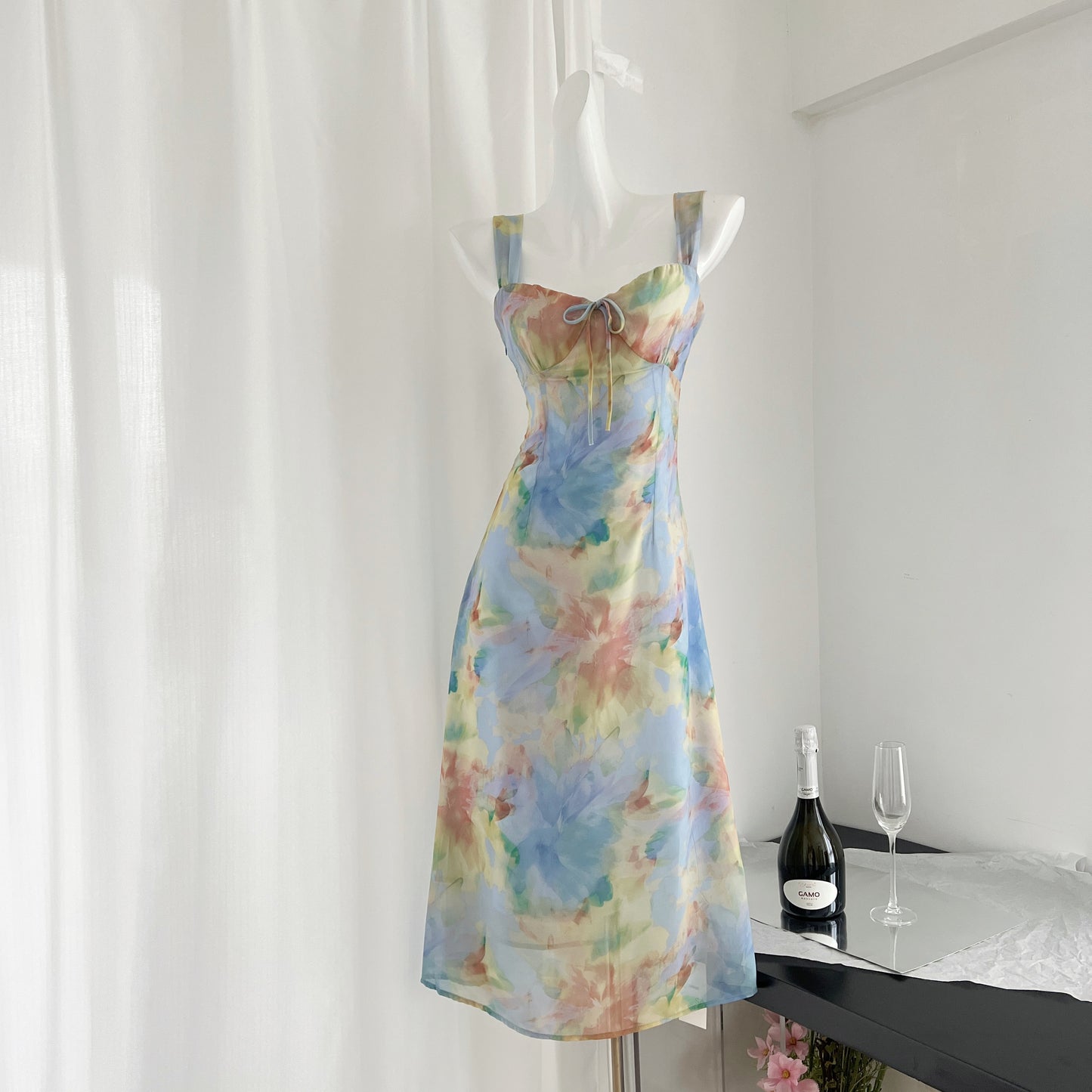 French floral sling waist dress tea break gentle temperament long dress R2016