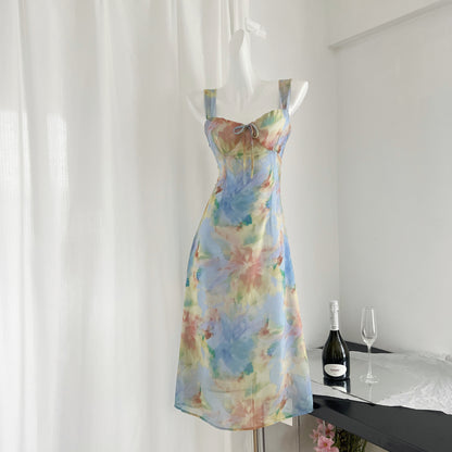 French floral sling waist dress tea break gentle temperament long dress R2016