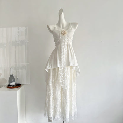 Mist White Tea Gentle Lace Splicing Skirt Suspender Set R2017