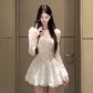 Square collar white lace puff sleeve dress gentle temperament pure waist skirt R0633