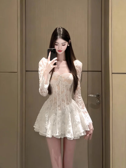 Square collar white lace puff sleeve dress gentle temperament pure waist skirt R0633