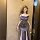 Beautiful small skirt waist hip skirt purple floral suspender dress R0635