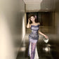 Beautiful small skirt waist hip skirt purple floral suspender dress R0635