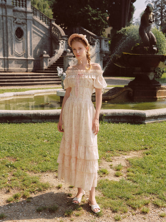 French pastoral style cake-style fishbone maxi dress with slim waist and cotton homecoming dress R5136