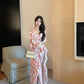 Tea break French v-neck floral suspender dress gentle temperament waist slit skirt R0619