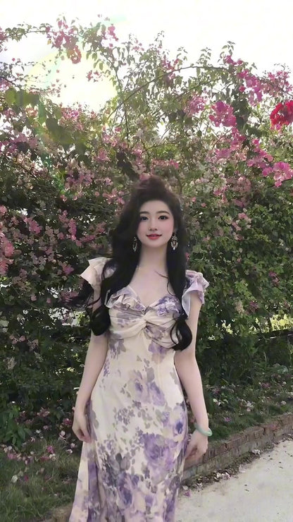 Purple V-neck floral one-shoulder dress gentle temperament waist A-line long skirt R0776
