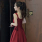 Skirt square neck suspender dress royal sister style temperament wine red high-end dress R1437