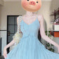 French gentle style blue V-neck suspender skirt 2025 new seaside holiday style waist temperament dress R0443