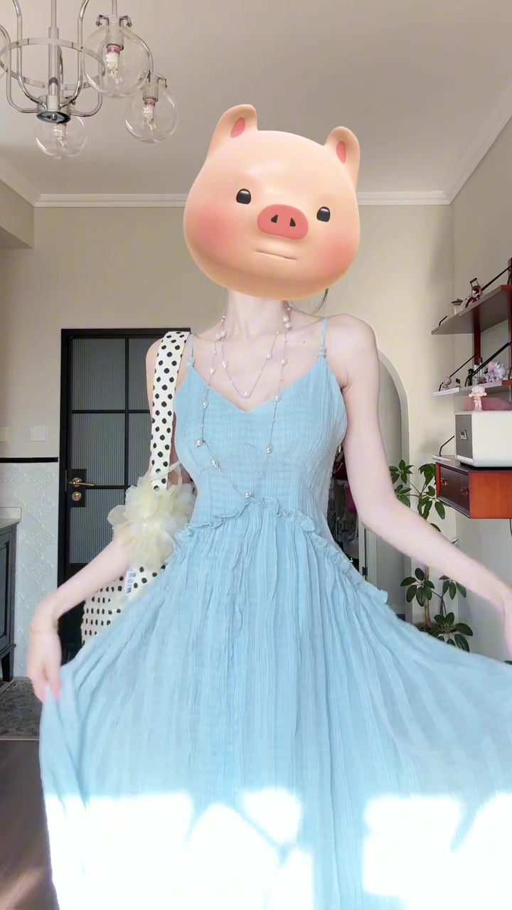 French gentle style blue V-neck suspender skirt 2025 new seaside holiday style waist temperament dress R0443