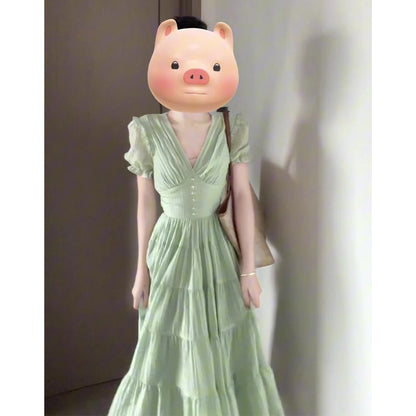 Summer atmosphere at the seaside, beautiful and gentle little skirt, green v-neck puff sleeve dress R0442