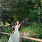 Holiday green ruffled V-neck dress is super beautiful fairy temperament waist long skirt R0444