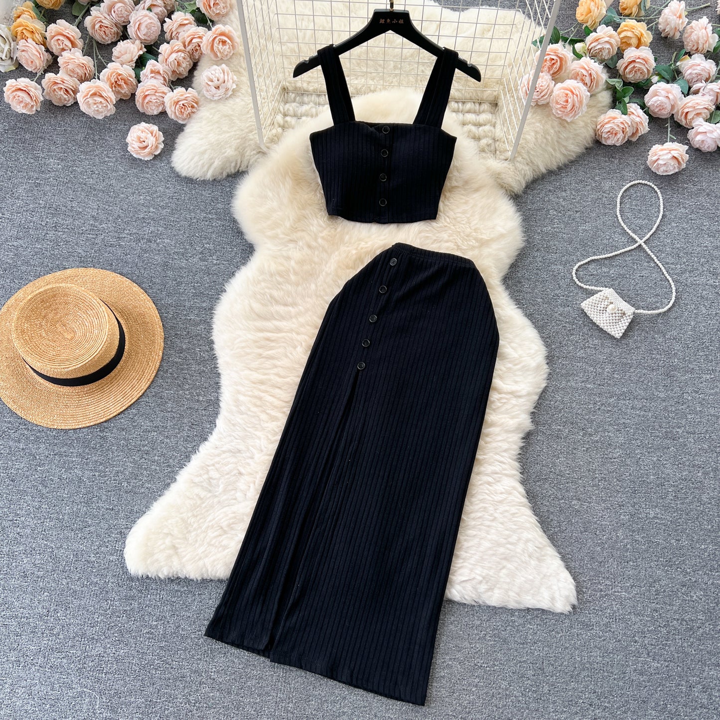 Small pure desire suit French short tube top camisole vest high waist slim slit skirt R2263
