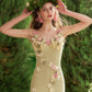 French heavy design flower wool knitted suspenders green slit dress R5112