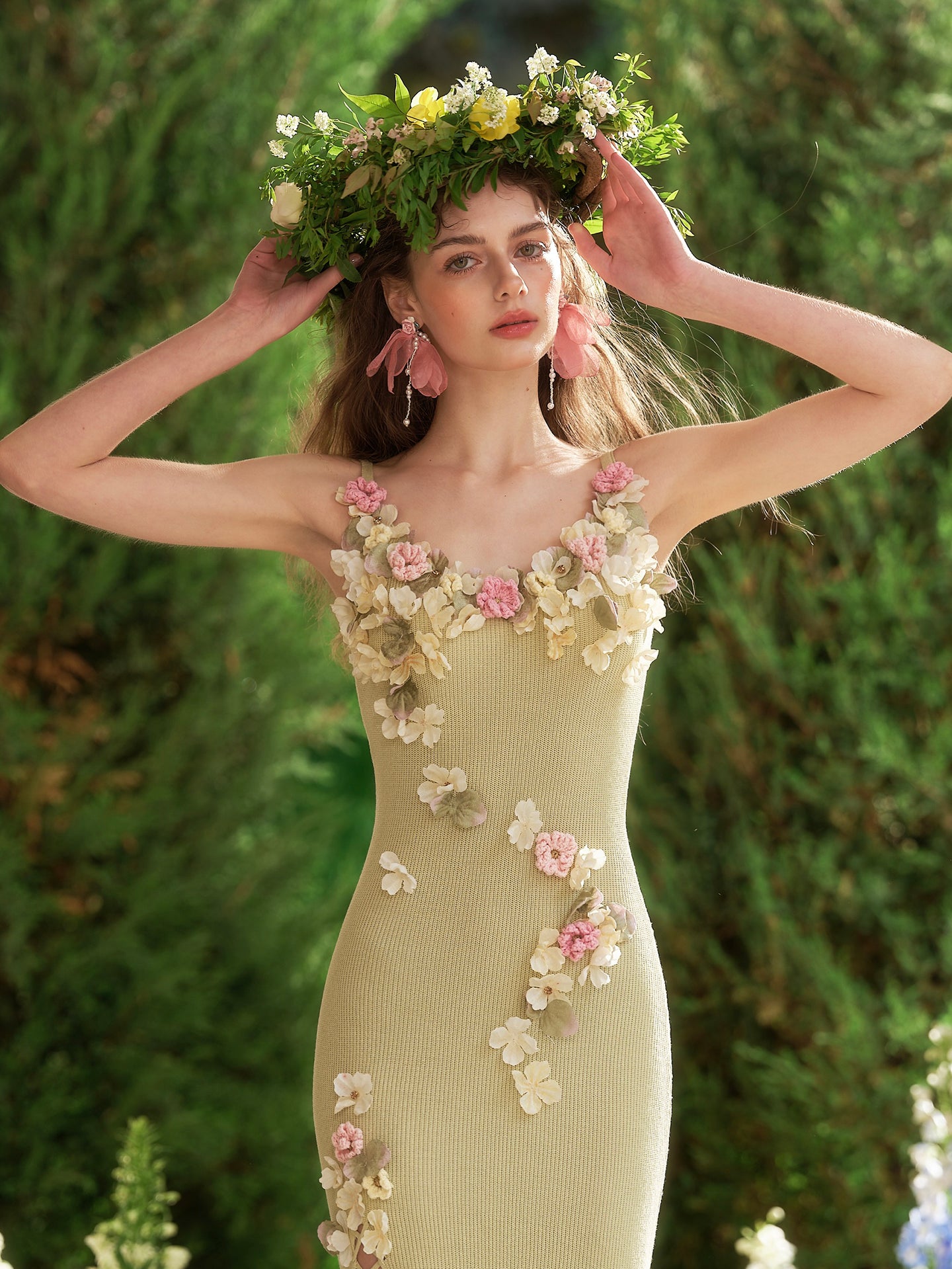 French heavy design flower wool knitted suspenders green slit dress R5112