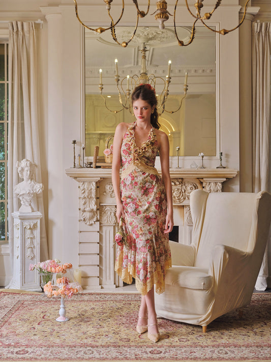 French retro romantic vacation stretch print mesh halter neck fishtail dress R5104