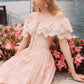 Pink Champagne French Embroidered Fishbone Dress Pink Hollow One Shoulder Maxi Dress R5111