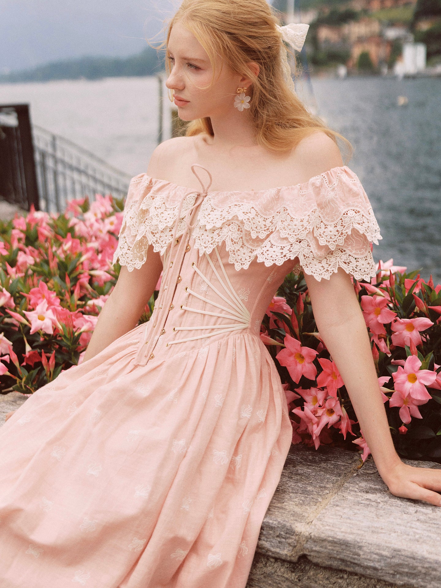 Pink Champagne French Embroidered Fishbone Dress Pink Hollow One Shoulder Maxi Dress R5111