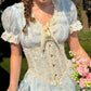 French pastoral fresh baby blue long short-sleeved lace dress R5113