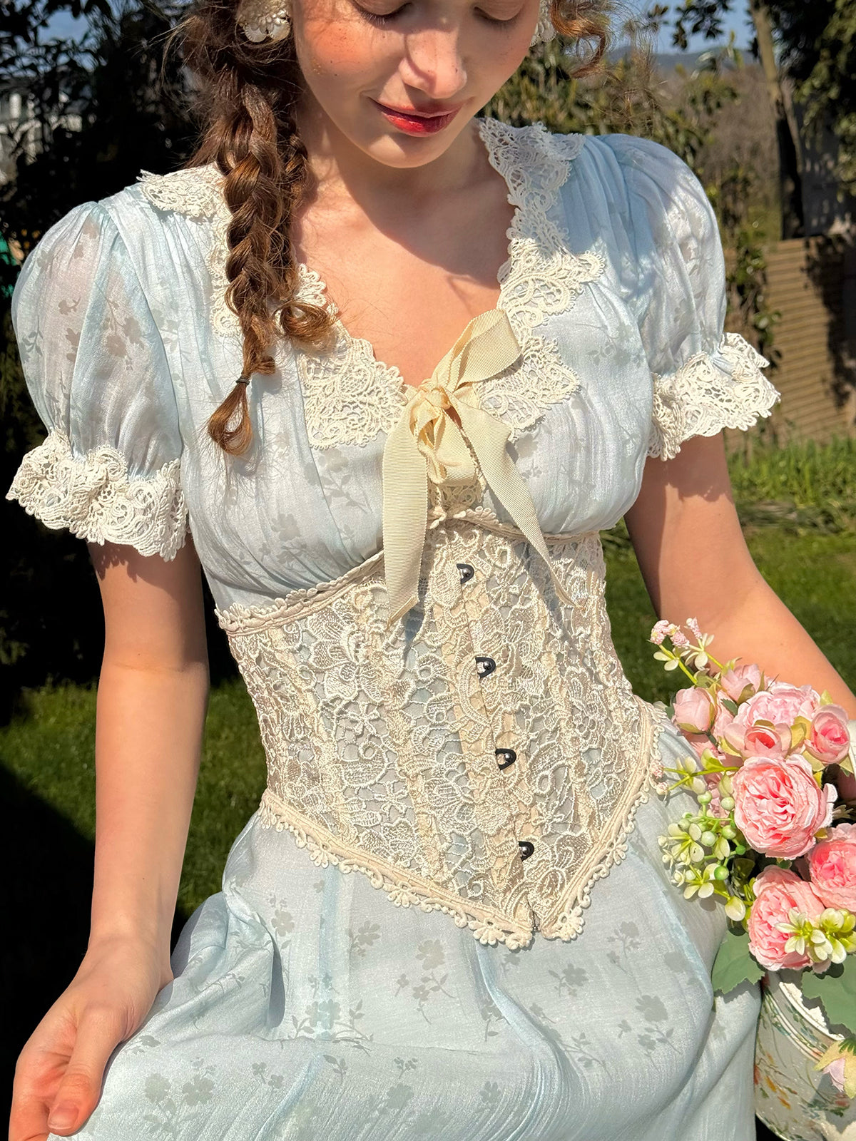 French pastoral fresh baby blue long short-sleeved lace dress R5113