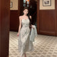 Green suspender halter dress unique chiffon sunscreen cardigan two-piece set R0616
