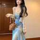 Women's Blended Floral Sling Dress Beautiful Waist A-Line Beach Dress R0617