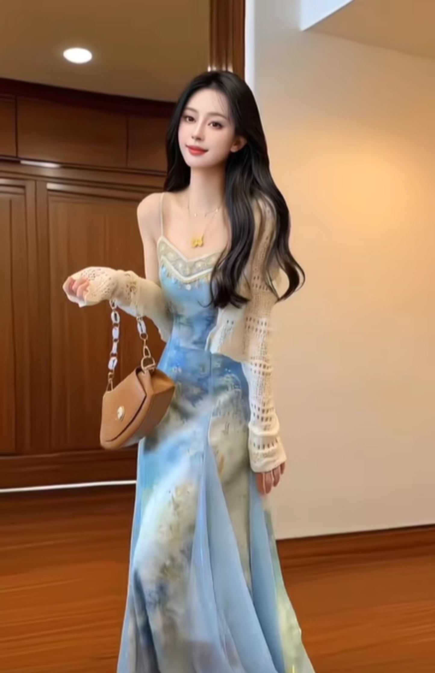 Women's Blended Floral Sling Dress Beautiful Waist A-Line Beach Dress R0617