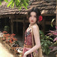 Women's Retro Floral Sling Dress Beautiful Waist A-Line Long Dress R0605