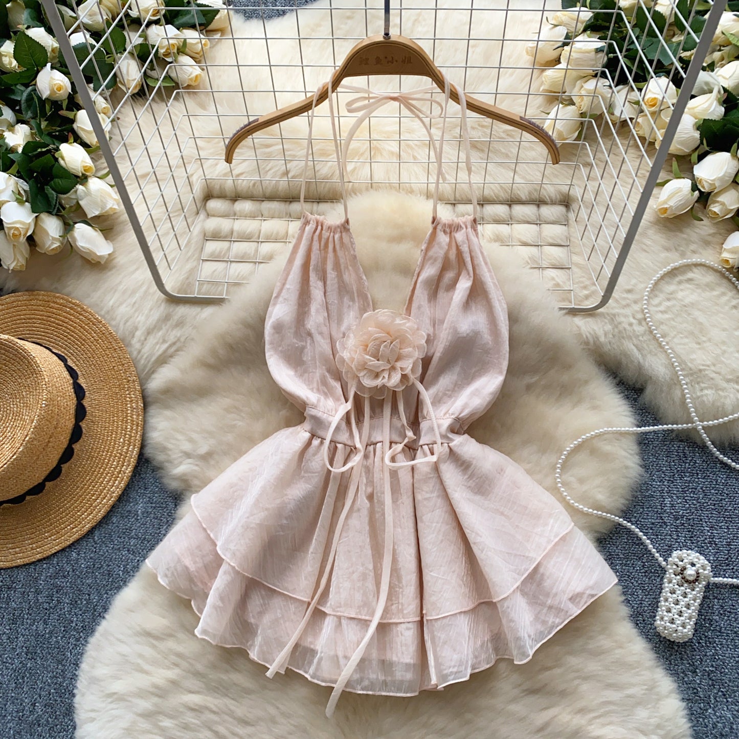 French style pure sexy hollow halter neck lace-up three-dimensional flower waist vest R2335