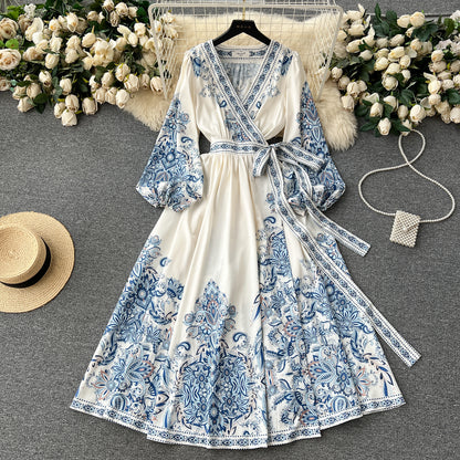 European and American palace style printed V-neck lantern long sleeve tie waist wide swing dress R2307