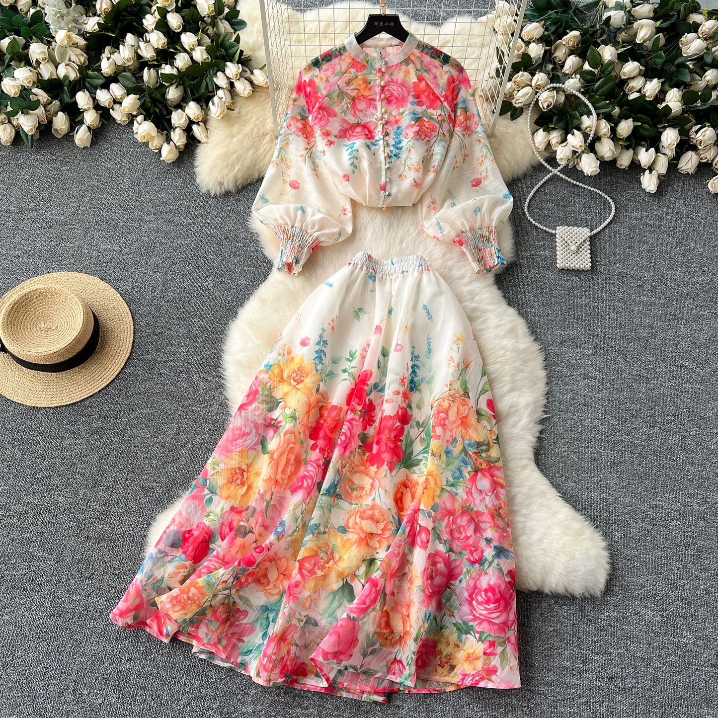European and American style two-piece lantern sleeve button-down top high waist printed mesh skirt R2314