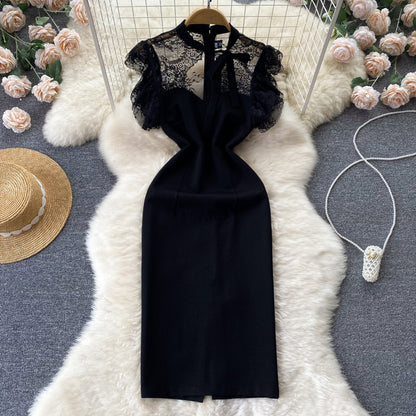 French retro lace patchwork dress hollow stand collar sleeveless high waist slim sexy hip skirt R2325