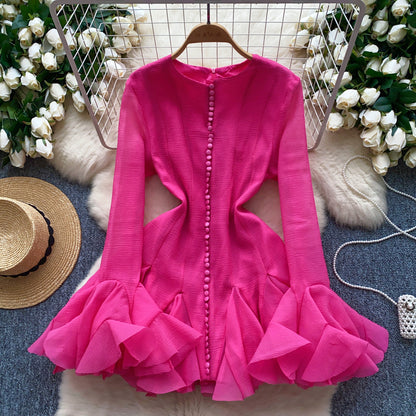European and American style petal sleeve dress with ruffle design, unique temperament short skirt R2277