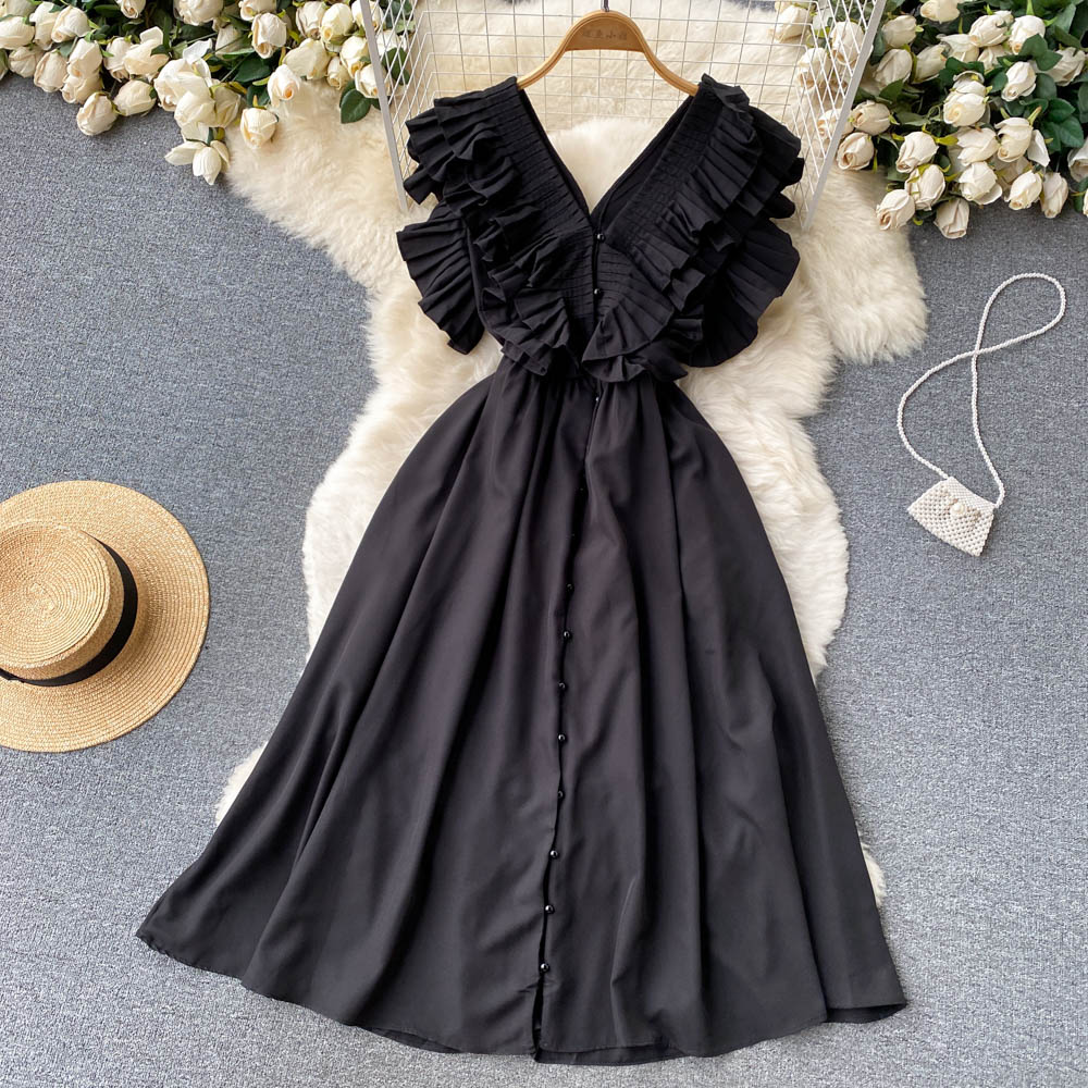 Retro French style pleated ruffled V-neck elegant dress mid-length skirt R2320