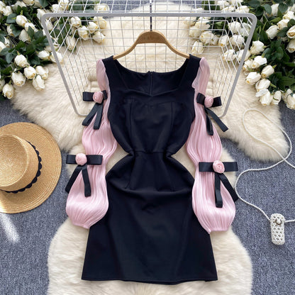 Small dress French high-end three-dimensional flower lantern sleeves waist slimming A-line dress R2319