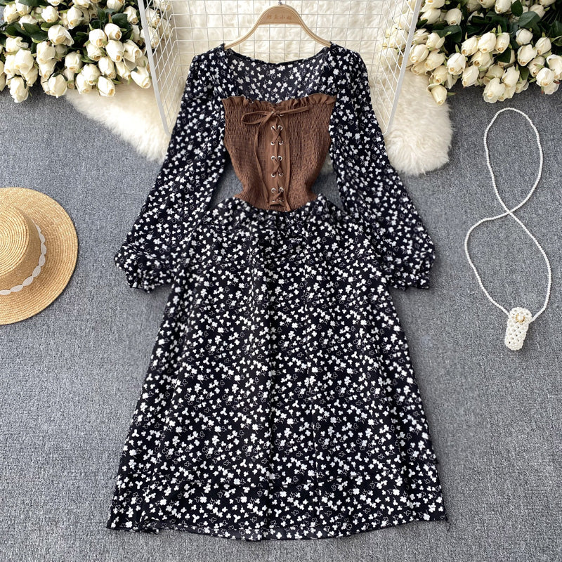 French sweet niche strap contrast color fake two-piece long-sleeved dress floral long skirt R2346