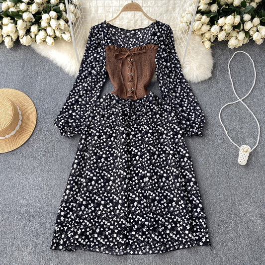 French sweet niche strap contrast color fake two-piece long-sleeved dress floral long skirt R2346