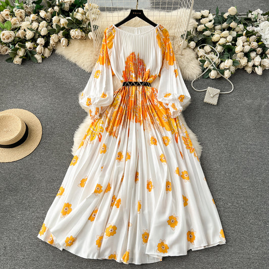 European and American style 2025 new dress printed pleated pleated waist tie holiday long skirt R2337