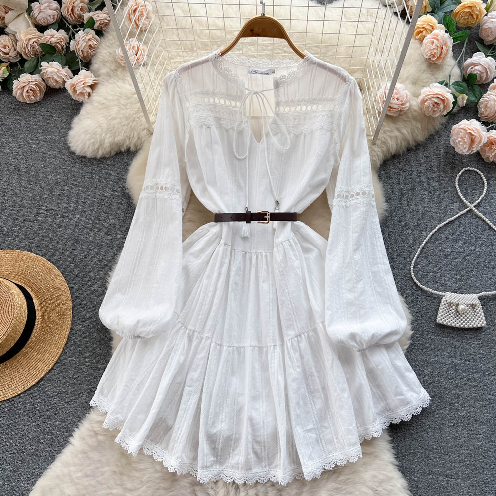 Lace hollow waist baby doll princess dress long sleeve white dress holiday style fairy dress R2345