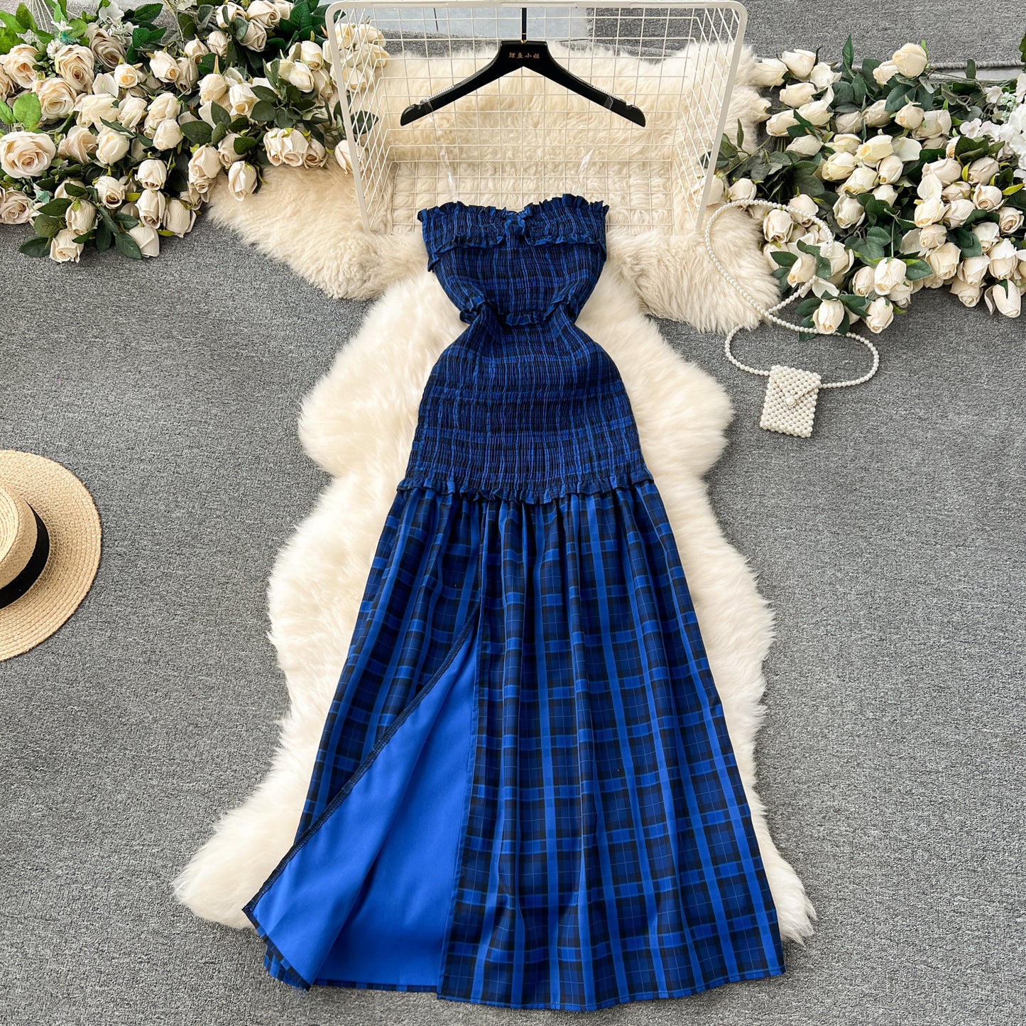 Sexy tube top plaid skirt sweet wood ear edge elastic slim long slit dress R2330