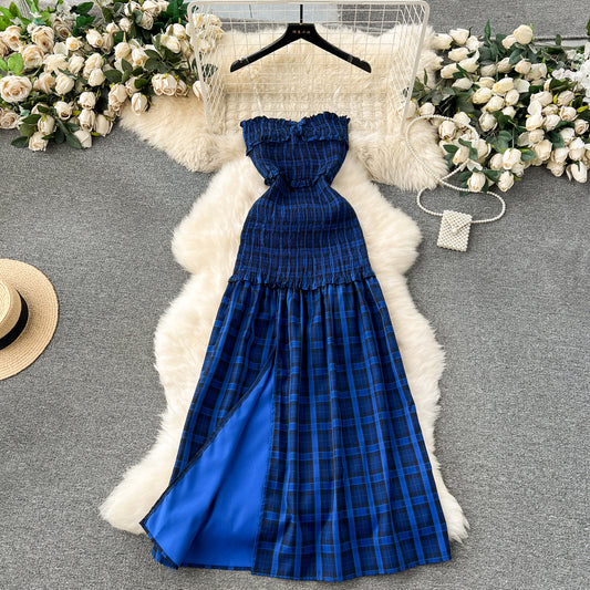 Sexy tube top plaid skirt sweet wood ear edge elastic slim long slit dress R2330