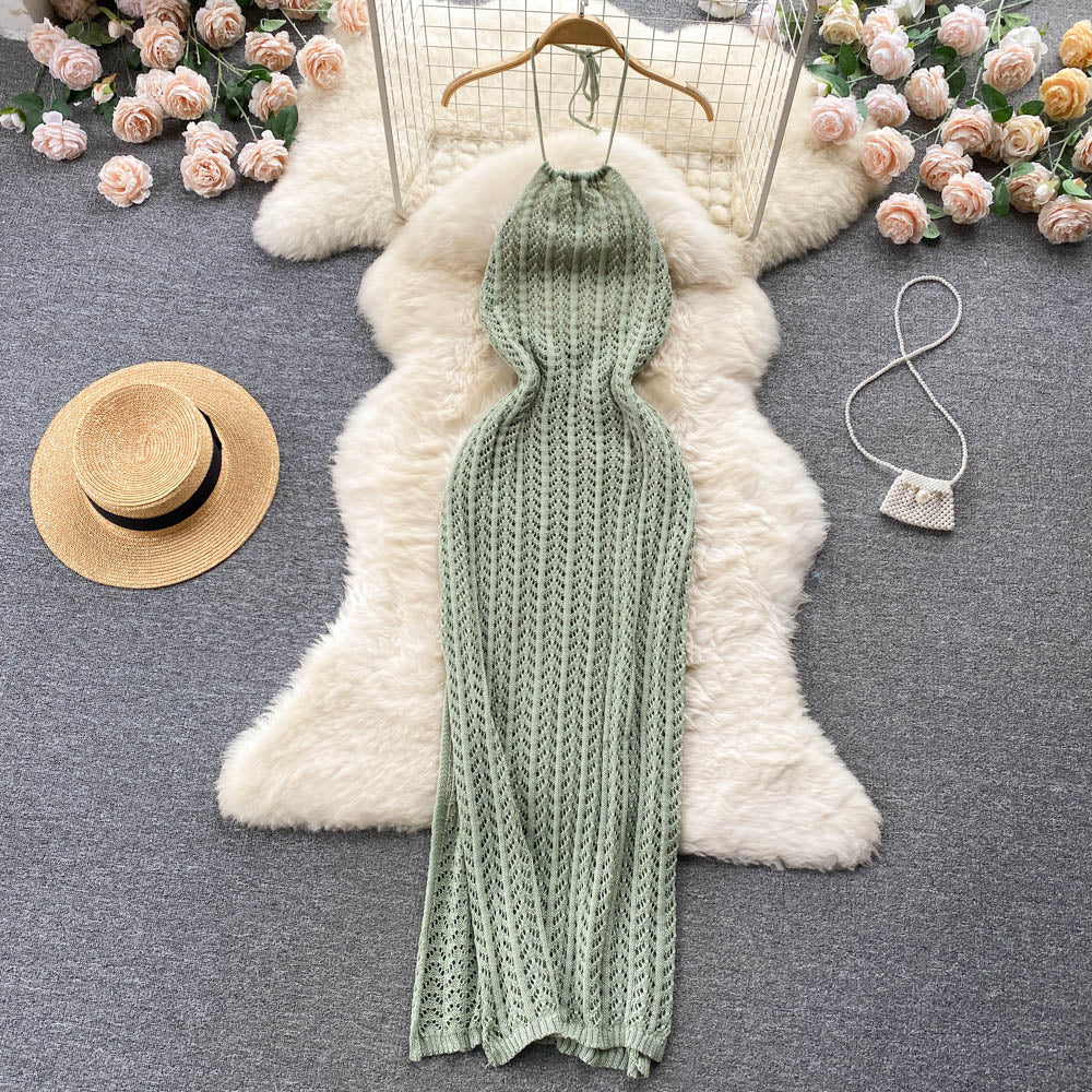 High-end temperament halter neck sleeveless hollow knitted dress slim fit slit holiday dress R2256