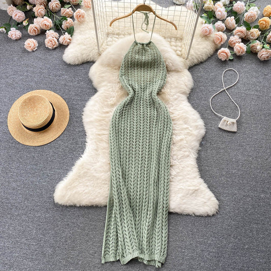 High-end temperament halter neck sleeveless hollow knitted dress slim fit slit holiday dress R2256