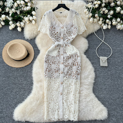 Chanel style dress with short sleeves, short-sleeved, single-breasted lace crochet long skirt R2300