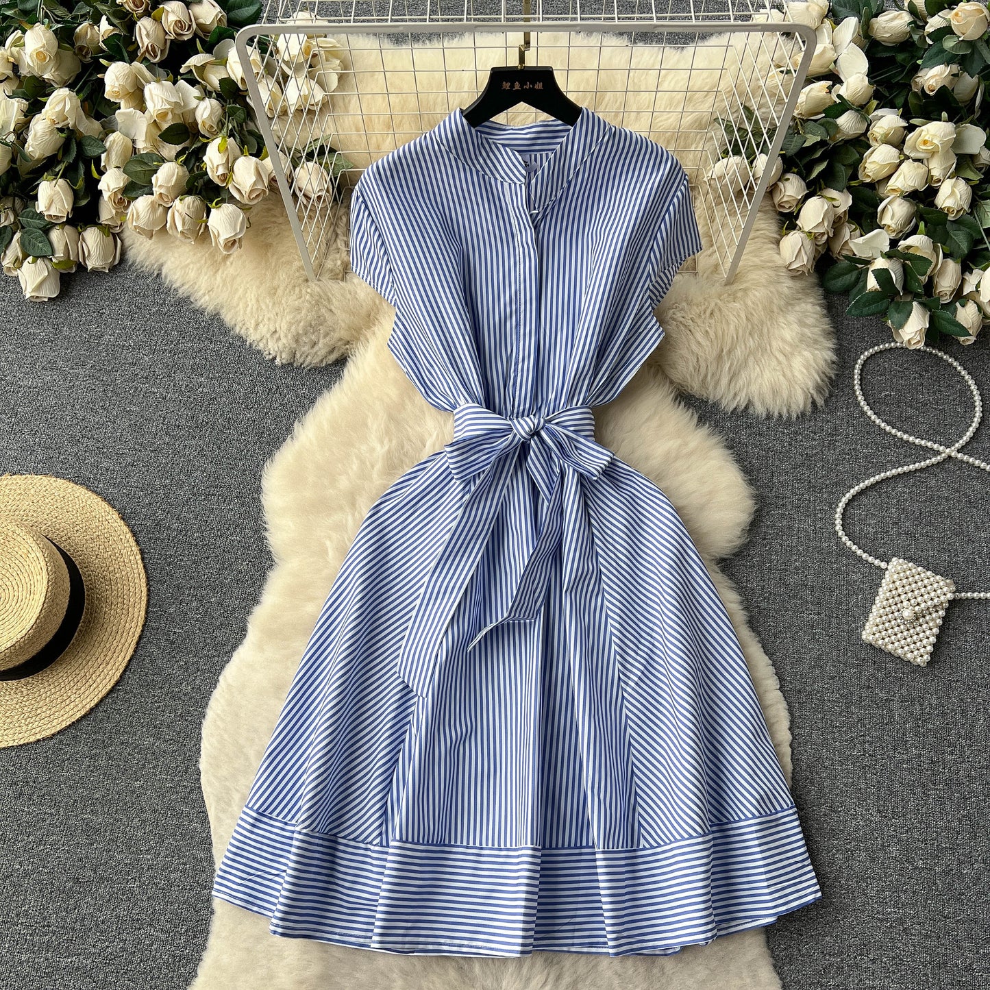 French style short-sleeved striped dress with bow tie waist A-line slim temperament shirt skirt R2297