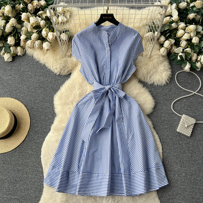 French style short-sleeved striped dress with bow tie waist A-line slim temperament shirt skirt R2297