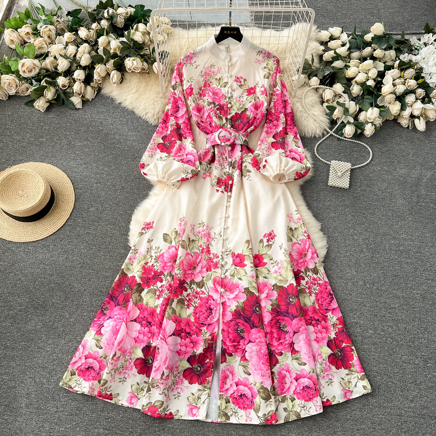 Flower series 2025 new high-end printed slim-fitting long French puff sleeve temperament dress R2347
