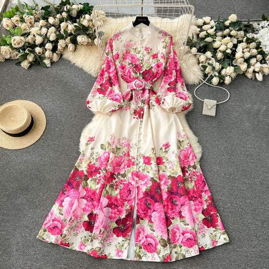 Flower series 2025 new high-end printed slim-fitting long French puff sleeve temperament dress R2347