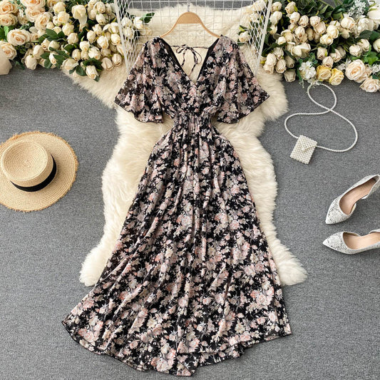 Seaside holiday dress 2025 new sexy V-neck waist slim long chiffon floral beach dress R2262