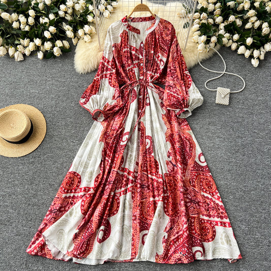 European and American style pleated printed dress lantern long sleeve waist slim long skirt R2322